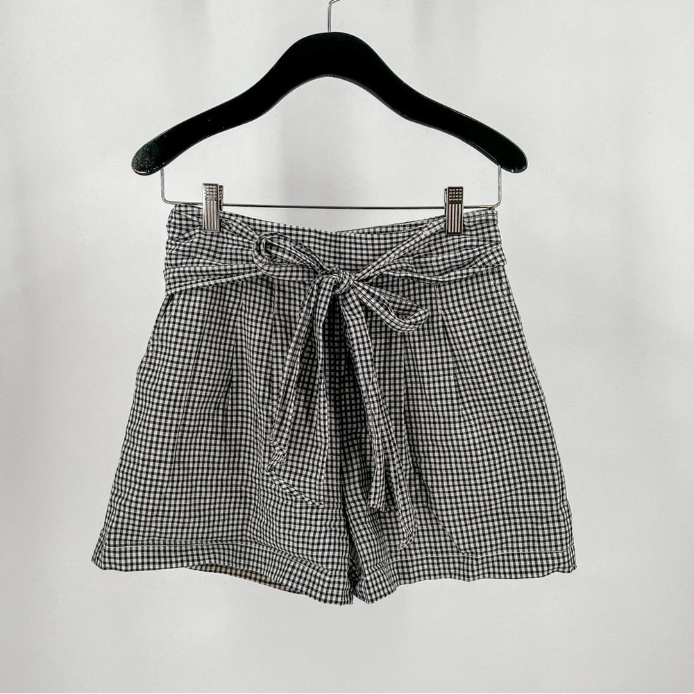 Anthropologie Cartonnier Gingham Tie Waist Navy Blue White Cotton Linen
